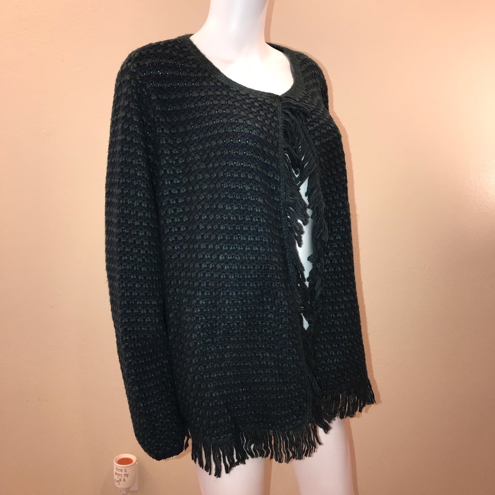 C Wonder Cardigan Sweater Size 1X Open Front Fringe Trim Blue Green Warm Cozy